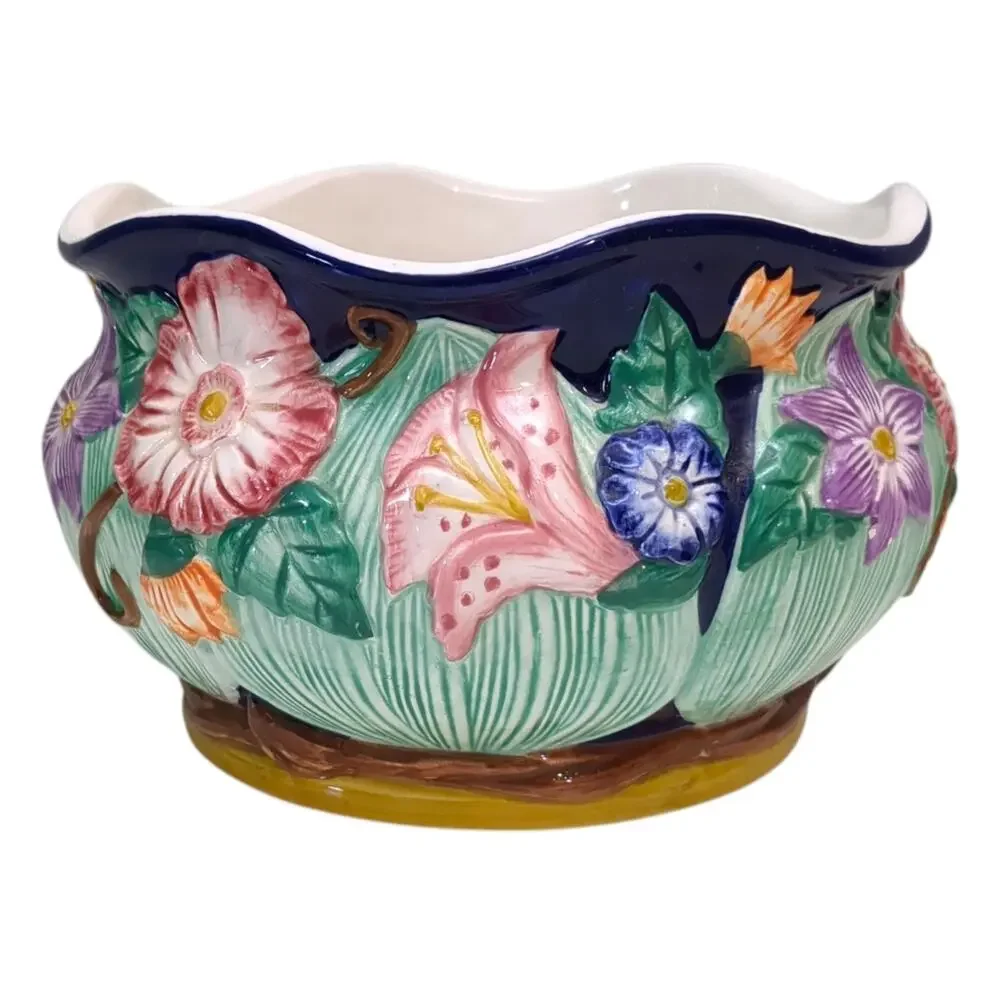 VTG Fitz & Floyd 1994 Hand-Painted Majolica Raised Ceramic FLORAL BOWL~PLANTER